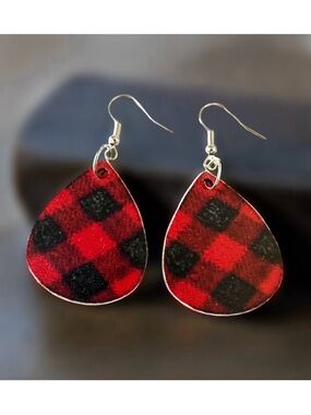 ⭐️ 5 for $25 Wood Festive Red & Black Buffalo Plaid Teardrop Christmas Earrings